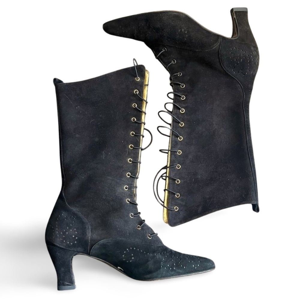 Vintage Escada Black Victorian Witch Granny Suede Lace-Up Boots Size 7.5